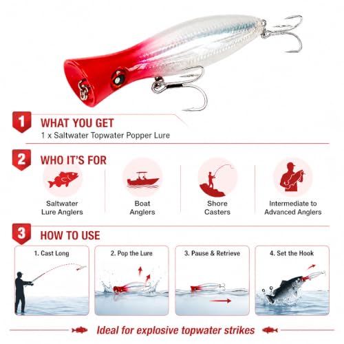 6.2 Inch 2.73 oz Saltwater Topwater Popper Fishing Lures with 3/0 4X Strengthened BKK Treble Hooks, Through-Wire for Strength & Durability, Target GT, Tuna, Sea Bass, Marlin - color: B2-2.73OZ-6.2''