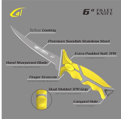 Gambler 6" Flex Fillet Knife Karl Fishing Knives, Bait Knife, Premium Swedish Stainless Steel Blade, Non-Stick Teflon Coating for Smooth, Precise Cuts, Freshwater/Saltwater - size: 6"