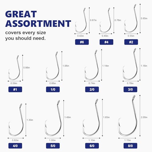 UCEC Circle Hooks Fishing Hooks 2X Strong Offset Circle Hooks Saltwater Black High Carbon Steel Octopus Catfish Hooks Fishing Gear Tackle 150pcs/ 240pcs - Size:#1 1/0 2/0 3/0 4/0 5/0 6/0 8/0 - color: Silver Assortment, size: 240pcs, #6 #4 #2 #1 1/0 2/0 3/