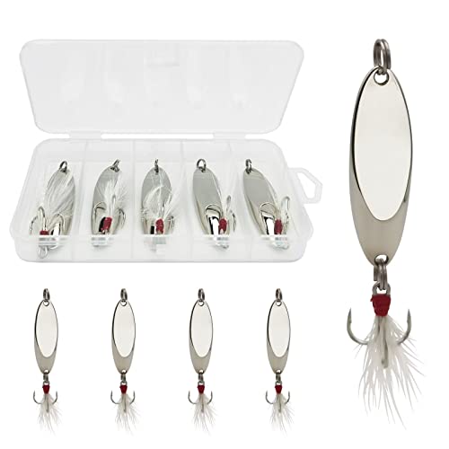Fishing Spoons Fishing Lures Casting Spoon Metal Jig Lure Trout Lures for Freshwater/Saltwater, Reflective Spoons Bait with Treble Hooks Fishing Tackle 5 Pcs - color: Sliver (5pcs), size: 1/6oz