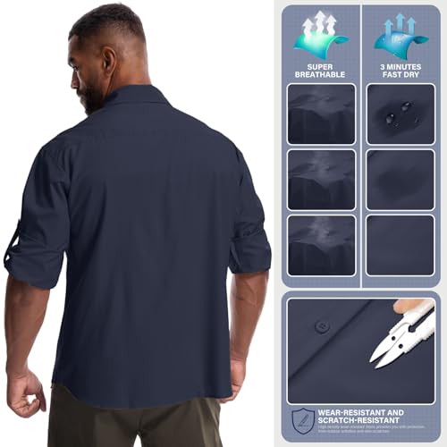 Mens Safari Sun Shirts UPF 50+ UV Sun Protection Long Sleeve Outdoor Quick Dry Fishing Hiking Gardening Shirts - color: 5051 Azure Blue, size: Large