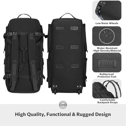 STOVER 45/80/100L U-Zip Rolling Duffel Bag with Wheels, X-Large Durable Travel Duffle + Toiletry Bag, Lay-Flat Opening, Packable w/Shoulder Straps- Use as Luggage or Backpack, Men/Women (Black) - color: U-Zip Black