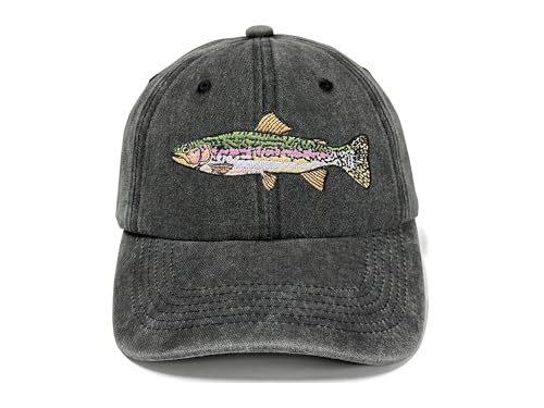 Fishing Baseball Cap for Men Women, Adjustable Embroidered Hat | Fishing Gear, Outdoor Adventure Design, Precision Embroidery Craft, One Size Adjustable Fit - color: Rainbow Trout (Washed Black)