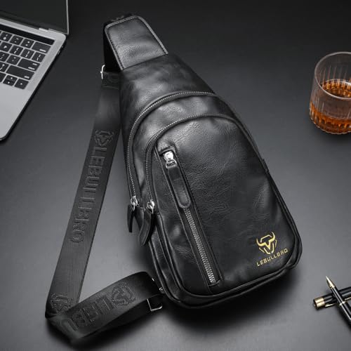 Crossbody Bags for Men Leather Sling Bags Mens Chest Bag Backpack Travel Hiking Fishing Outdoor Sports - color: Black