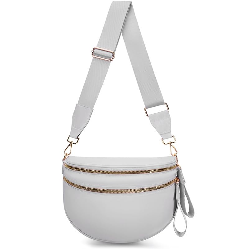 Pure Colour Crossbody Bum Bags for Women Spacious Checkered Cross body Bag Nylon Trendy Fanny Pack for Travel - color: Light Grey