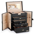 Homde Synthetic Leather Huge Jewelry Box Mirrored Watch Organizer Necklace Ring Earring Storage Lockable Gift Case (Black + Gold) - color: Black + Gold