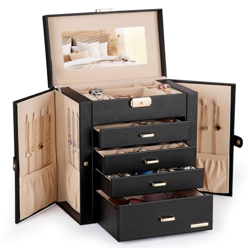 Homde Synthetic Leather Huge Jewelry Box Mirrored Watch Organizer Necklace Ring Earring Storage Lockable Gift Case (Black + Gold) - color: Black + Gold