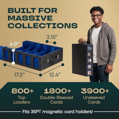 5-Row Mtg Trading Card Storage Box With Display Windows - Magnifier Ruler, 2 Display Stands, 7 Cardholders - 3900+ Card Case With Magnetic Closure, Sports TCG Card Organizer - Blue Card Boxes - color: Black, Blue (5 Row)