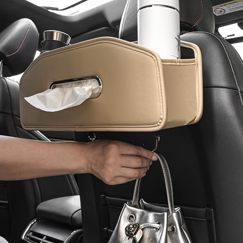 JEYODA Car Seat Back Organizer with 2 Drink Cup Holder,Car Tissue Holder and Storage Box Hook, 3 in 1 Multifunctional Storage for Food Drink Phone, Travel Accessories (Beige) - color: beige