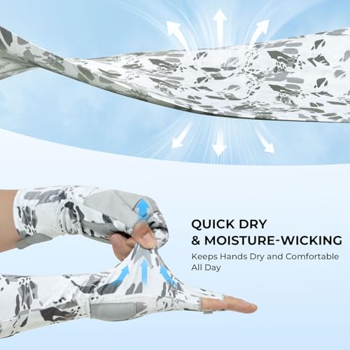 KastKing Agies Fishing Gloves Men, UPF 50+ Sun Gloves UV Protection, Cooling Quick-Dry 3/4 Fingerless Gloves with Extended Cuff, Microfiber Palm & Pull Tabs, for Fishing, Kayaking, Hiking, Hunting - color: X Camo-White, size: Small-Medium