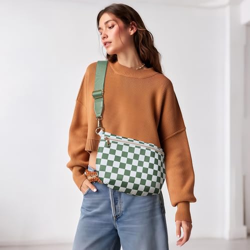 KALIDI Checkered Crossbody Bags for Women Travel Flat Fanny Packs for Woman Men Nylon Cross Body Purse Fashion Belt Bum Bag - color: Beans Green Checkered