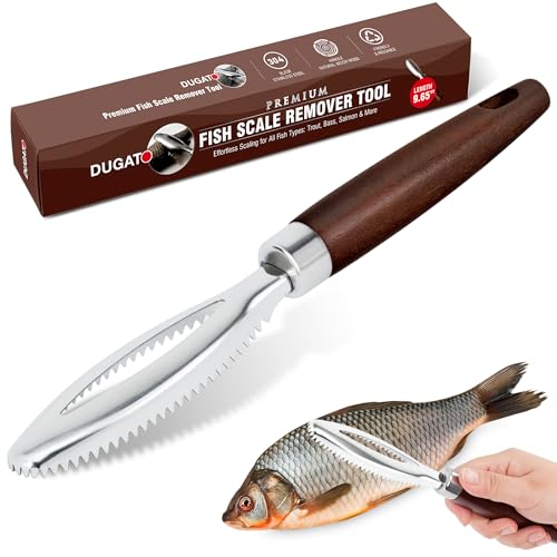 DUGATO Fish Scale Remover, Stainless Steel Scaler with Wood Handle | Serrated Descaler Scraper for Quick Fish Cleaning, Rustproof Blade, Seafood Prep for Kitchen & Outdoor