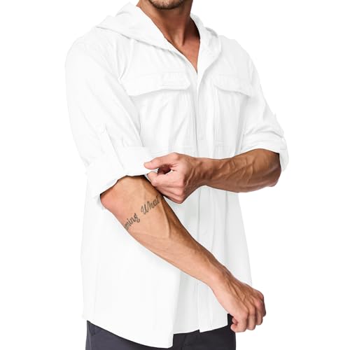 Mens Sun Protection Hiking Fishing Safari Shirts with Hood Long Sleeve Outdoor Quick Dry Shirts Hoodie - color: 5105 White, size: Medium