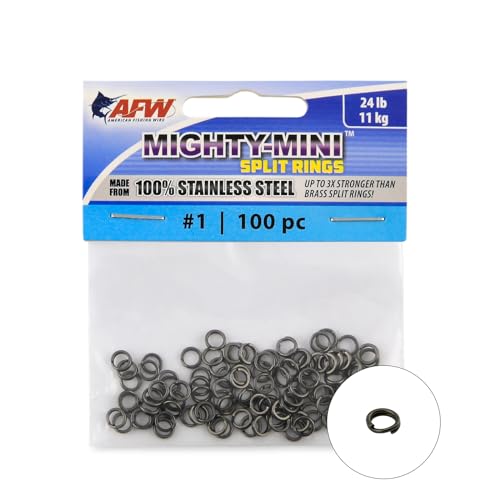 American Fishing Wire Mighty Mini Stainless Steel Split Rings, 3 Times Stronger Than Brass, Superior Holding Power for Fisherman and Outdoorsman - 100pcs in Bright Stainless Steel and Gunmetal Black - size: 100 pc, #1, 24 lb test, style: Gunmetal Black