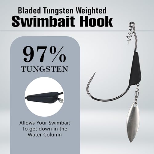 Reaction Tackle Tungsten Bladed Underspin Swimbait Hooks, Weighted Weedless Jig Heads for Bass, Pike, and Musky, Freshwater and Saltwater Fishing (3-Pack) - color: Black, size: 1/8 Oz - 5/0 Hook