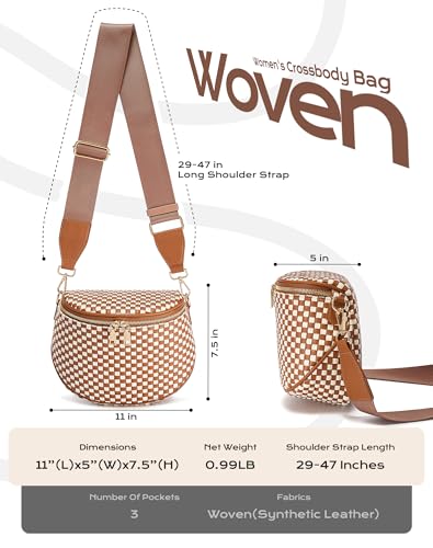 Trendy Woven Checkered Crossbody Bum Bag for Women，PU Leather Checkered Purse Fanny Packs Belt Bag (Woven Bum Bag - Brown White) - color: Woven Bum Bag - Brown White