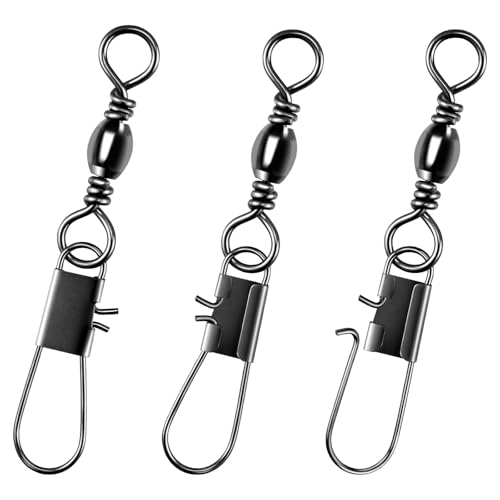 Alwonder 100-Pack Fishing Snap Swivels, Barrel Swivels Fishing Tackle with Snaps Freshwater, Stainless Steel Safty Interlock Snap Swivel Black Nickel Coated Lure Hook Connector Quick Change Clips - size: #6-40LB-1.73"
