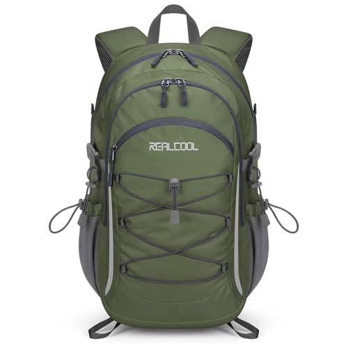 RealCool 20L Lightweight Hiking Backpack, Waterproof Daypack for Camping | 210D tear-resistant nylon, breathable shoulder and back panel, Multi-Compartment,hydration system,reflective strip,bungee net - color: Army Green, size: 20L