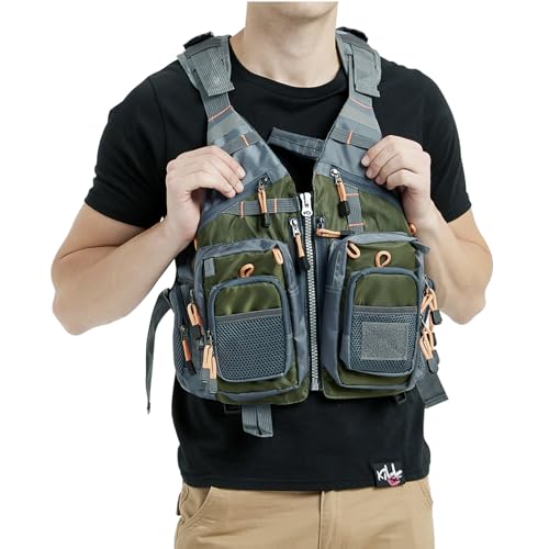 Obcursco Fly Fishing Vest for Men and Women with Breathable Mesh, Trout Fishing Gear, for Outdoors Stream Fishing - color: Army Green