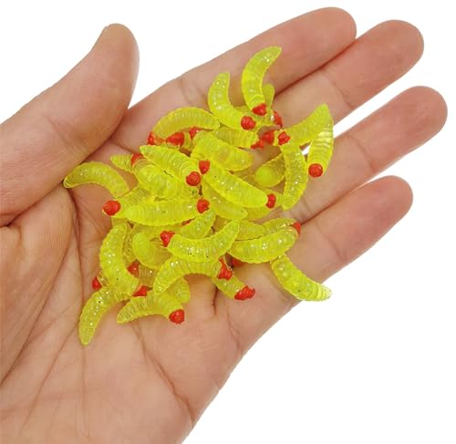 50pcs-1Inch Bass Fishing Worms Lures,Silicone Soft Maggot Baits Bread Worm Fishing Lure,5 Color - color: Yellow