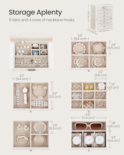 SONGMICS 6-Layer Jewelry Box Organizer with 5 Drawers, Jewelry Storage Case with Lock and Mirror, Large Storage Capacity, Gift for Loved Ones, for Necklaces, Watches, White UJBC152W01 - color: White, size: 6 Tier