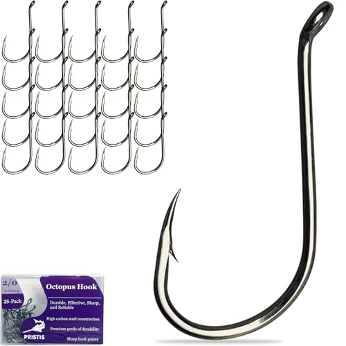 Pristis 25 Pack High Carbon Steel Fishing Hooks, Reinforced EWG Circle Octopus Round Bend 60 Degree Wide Gap Strong Barbed Worm Fish Hook Jig Bait Rig for Saltwater Freshwater Bass Tuna Walleye Trout - color: Octopus, size: 2/0
