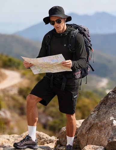 PINSPARK UPF 50+ Sun Protection Hoodie Men with Mask Quick Dry Long Sleeve Fishing Hiking Shirts UV Rash Guard Lightweight - color: Black, size: Medium