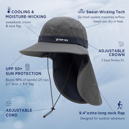 TOP-EX Cooling Sun Hat with Neck Flap – UPF 50+ Wide Brim Breathable Hat for Hiking, Fishing & Big Heads - color: Dark Grey, size: X-Large-XX-Large