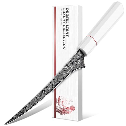 DRGSKL Damascus Fillet Knife 7 Inch - VG10 Razor Sharp Slicing Knife for Fish and Meat Trimming - Japanese G10 Handle - with Gift Box - size: 7.5 inch