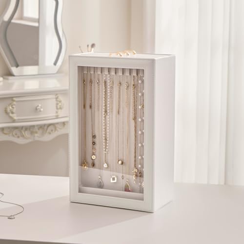 Lolalet Necklace Organizer Box, Jewelry Storage Box with Clear Window for Necklaces Bracelets, Tangle-Free Necklace Display Case for Women Girls, White, 3 Layers 30 Hooks - color: White, size: 3 Layers, 30 Hooks