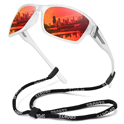 STORYCOAST Polarized Sports Sunglasses for Men Women Unbreakable Frame Cycling Fishing Driving - color: Matte Clear Frame-red Mirror Lens