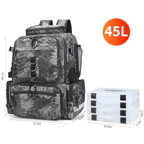 Rabjen Fishing Tackle Backpack, 45L Storage Waterproof Travel Bag Store Fishing Gear with Insulated Top Pocket