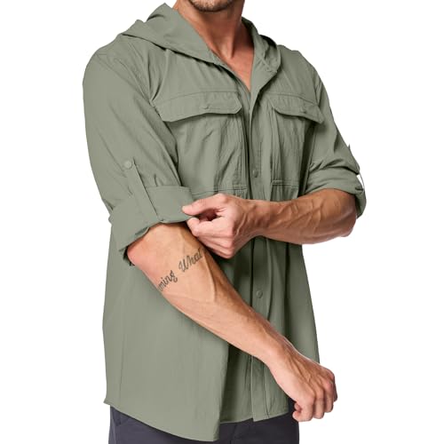 Mens Sun Protection Hiking Fishing Safari Shirts with Hood Long Sleeve Outdoor Quick Dry Shirts Hoodie - color: 5105 Grey Green, size: XX-Large