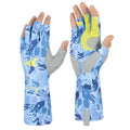 KastKing Agies Fishing Gloves Men, UPF 50+ Sun Gloves UV Protection, Cooling Quick-Dry 3/4 Fingerless Gloves with Extended Cuff, Microfiber Palm & Pull Tabs, for Fishing, Kayaking, Hiking, Hunting - color: X Camo-Blue, size: Large-X-Large