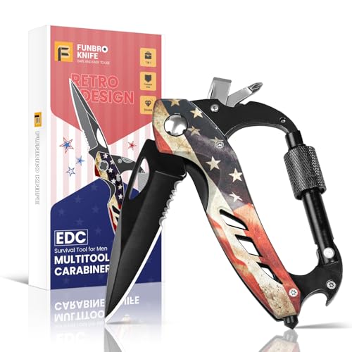 FUNBRO Multitool Carabiner Knife Tools for Men, Cool Gadgets Survival Gear with Folding Knives, Bottle Opener, Window Breaker and Screwdriver for Hiking Camping, 7-in-1 EDC Multi Tool (USA Flag) - color: Usa Flag