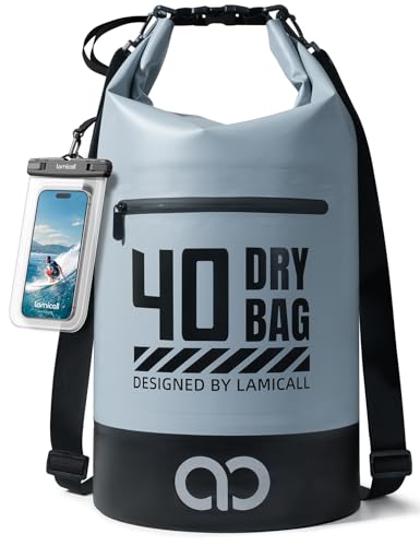 Lamicall Waterproof Dry Bag with Phone Pouch - 5L/10L/20L/30L/40L Floating Roll Top Backpack for Kayaking Boating Beach Camping Fishing - Heavy Duty 500D PVC Marine Dry Sack for Men, Women, Grey 40L - color: Blueish Gray, size: 40L
