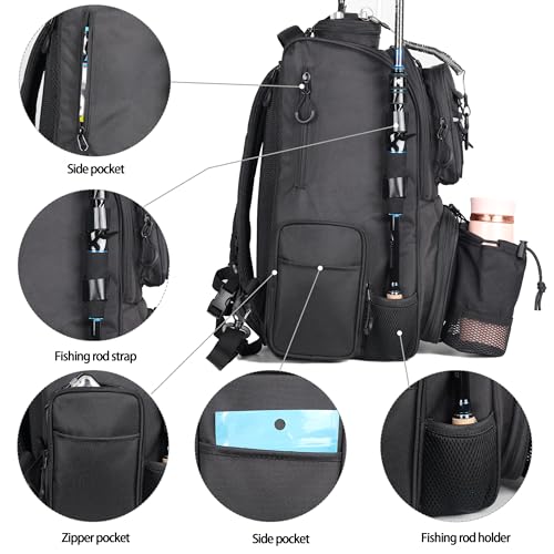 Fishing Tackle Backpack With Rod Holders, Large 40L Fishing Backpack for Camping, Hiking - style: 4 Tackle Boxes Included