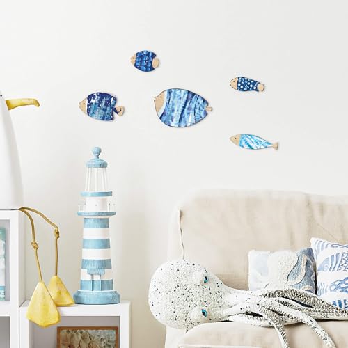 Putuo Decor 5 Ps Wood Fish Nautical Beach Wall Decor Wall Hanging Fish Sculpture Decor Lake House Ocean Decor Vintage Blue Fish Ornaments for Home Bathroom Bedroom (6.5 In) - color: Blue Fish