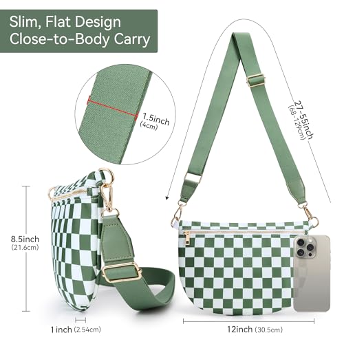 KALIDI Checkered Crossbody Bags for Women Travel Flat Fanny Packs for Woman Men Nylon Cross Body Purse Fashion Belt Bum Bag - color: Beans Green Checkered