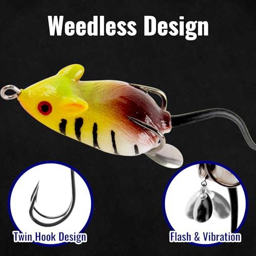 Topwater Mouse Rat Fishing Lure, 5pcs Realistic Soft Rat Bait for Bass, Trout, Pike, Muskie, Hollow Body, Weedless Double‑Barb Hooks, Spinnerbait Blade, Glide Bait & Crankbait Compatible