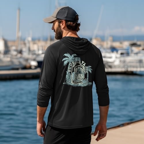 Palmyth Fishing Hoodie for Men Long Sleeve Sun Protection UV UPF 50+ Shirts - color: Black / Redfishtail, size: Large