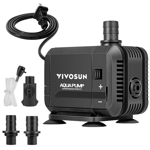 VIVOSUN 400GPH Submersible Pump(1500L/H, 15W), Ultra Quiet Water Pump with 5.2ft High Lift, Fountain Pump with 5ft Power Cord, 3 Nozzles for Fish Tank, Pond, Aquarium, Statuary, Hydroponics - size: 5"×4"-400