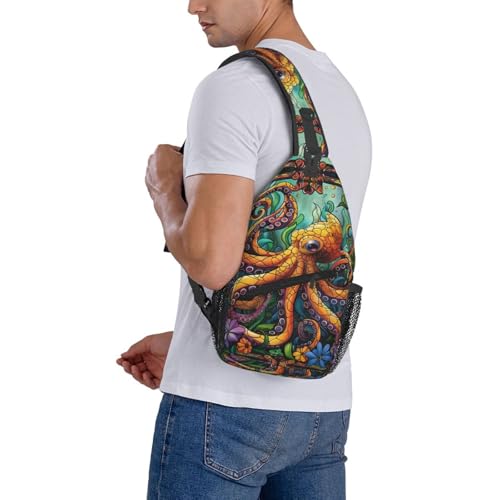 Cartoon Octopus In Flowers Outdoor Crossbody Shoulder Bag For Unisex Young Adult Hiking Bicycling - color: Bronze2