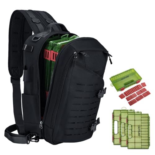 Goture Black Tackle Bag with Trays, Fishing Backpack for Men Professional Fishing Gear Organizer with MOLLE System, Rod Holder - color: Black, style: 900d Water-resistant Oxford Backpack + (3)3600 Trays