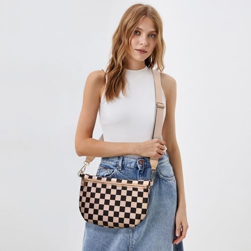 KALIDI Checkered Crossbody Bags for Women Travel Flat Fanny Packs for Woman Men Nylon Cross Body Purse Fashion Belt Bum Bag - color: Khaki Checkered