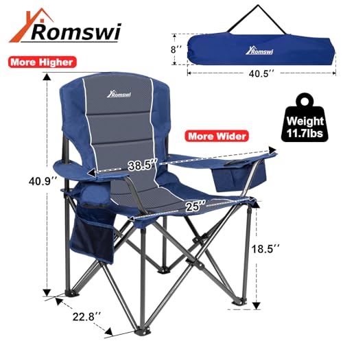 Romswi Oversized Camping Chairs,Heavy Duty Support 500 LBS,Padded Back & Arm Sport Chairs, Cup Holder Cooler Bag, Collapsible Folding Chairs for Outdoor, Fishing & Garden, Blue,2-Pack - color: Blue, style: XL Large