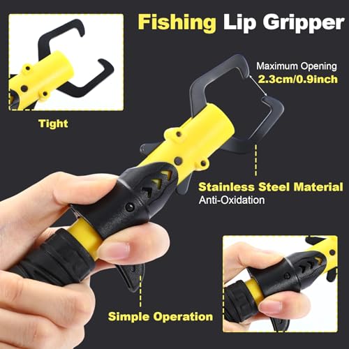 RoundFunny Fish Lip Gripper Pliers, Combo Fishing Tool Kit Stainless Steel Multifunction Hook Remover, Split Ring Pliers with Lanyards Sheath for Fly, Easter Fishing Basket Gift Gear Men Women - color: Yellow