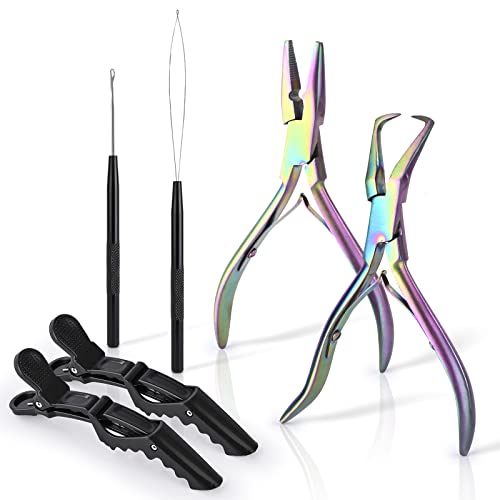 EHDIS Hair Extension Beading Tool Kit Stainless Steel Hair Extensions Micro link Bead Closer and Remover Pliers set, Beads Hair Pulling Hook & Micro Ring Loop Tool Set - color: Multi