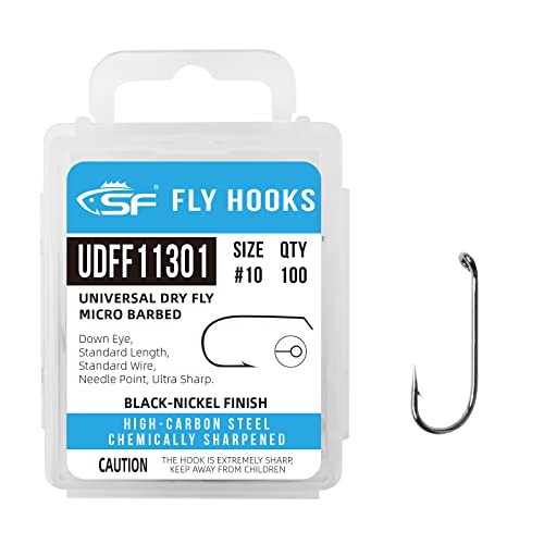 SF Fly Tying Hooks Ultra Sharp High Carbon Steel for Nymphs Wet Traditional Dry Streamers Eggs Jig Poppers Emergers Terrestrial Flies with Mini Box 100Pcs - size: #10 Black Nickel 100Pcs, style: Curved Nymph Scud Pupa Micro Barbed