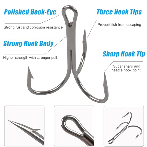 AGOOL Classic Treble Hooks -10/20pcs Saltwater Treble Hooks Silver Triple Barbed Fish Hook for Catfish Bass Trout Freshwater Saltwater Size 4/0-10/0 - size: 4/0-20pcs